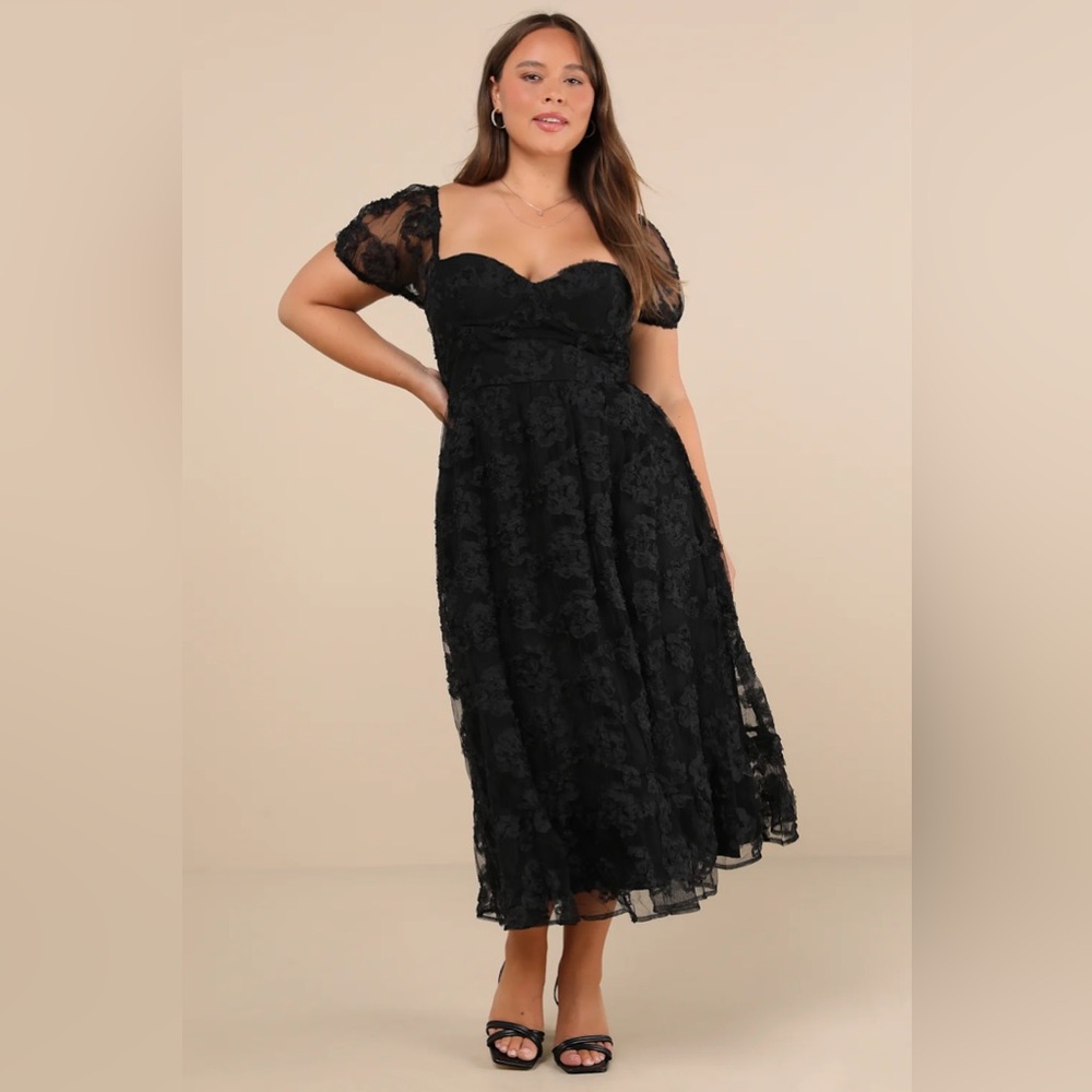 Lulus Notable Elegance Black Mesh Floral Applique Bustier Midi Dress